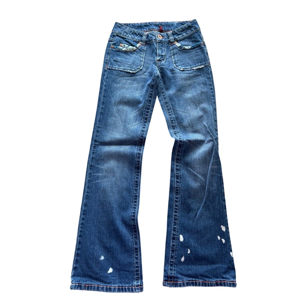 Y2K VTG Bongo Low Rise Flare Jeans Blue Medium‎ Wash Distressed Boho Retro 3